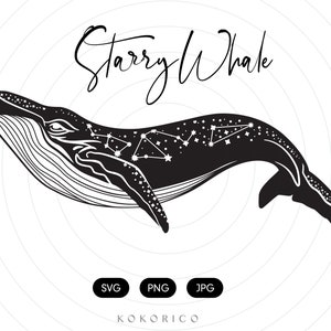 Peut inclure: Silhouette noire et blanche d'une baleine avec une constellation d'étoiles sur son corps. Le texte "Starry Whale" est écrit au-dessus de la baleine.