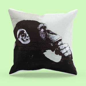MONKEY PRINT PILLOW - Banksy Thinker Monkey Throw Pillow - Black White Pillow Square Print Cushion - Animal Lover Gift - Bedroom Cushion