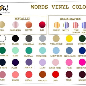 May include: Chart of vinyl colours for crafting projects.  The chart includes metallic, holographic, and solid colours.  The colours are arranged in rows and columns with the colour name listed below each colour swatch.