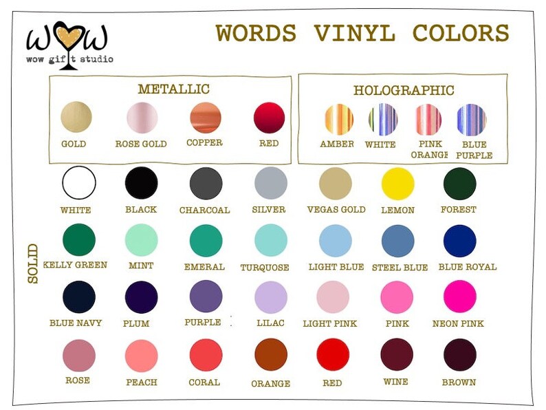 May include: Chart of vinyl colours for crafting projects.  The chart includes metallic, holographic, and solid colours.  The colours are arranged in rows and columns with the colour name listed below each colour swatch.