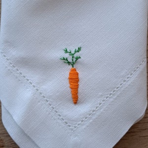 Easter carrot bunny hemstitched serviette, handkerchief, handsewn, hand embroidered, spring decor table decoration Cloth linen napkin.