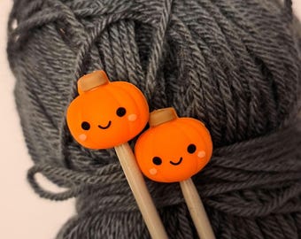 Pair of Knitting Needle stoppers, pumpkin, halloween, spooky, cute, knitting needle caps, point protectors, craft gift, knitting present