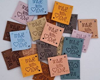 Made with Love Heart Faux Leather/Suede Feel Labels Square Tags for Sewing Crocheting Knitting Handmade Sew On