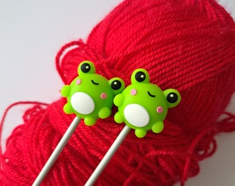 Pair of Knitting Needle stoppers, frog, wool, cute, knitting needle caps, point protectors, craft gift, knitting present