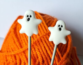 Pair of Knitting Needle stoppers, ghost, Halloween, ghoul, spirit, cute, knitting needle cap, point protectors, craft gift, knitting present