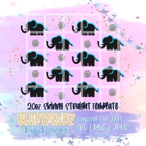 Puede incluir: Un fondo rosa con un patrón de cuadrícula con siluetas de elefantes negros con contornos azules y huellas de patas grises. El texto dice "20oz Skinny Straight Template" y "BEARTRENDZ Digi Designs". Archivos de corte digital disponibles.