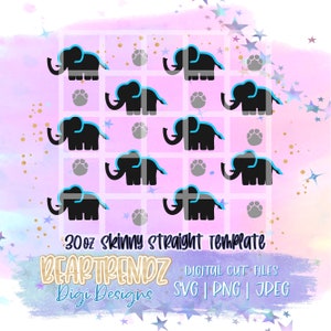 May include: A digital cut file design featuring a repeating pattern of black elephants with blue outlines and gray paw prints on a pink background. The design is labeled "20oz Skinny Straight Template" and "BEARTRENDZ Digi Designs" with the text "DIGITAL CUT FILES SVG | PNG | JPEG".