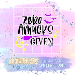 Pode incluir: Um fundo de aquarela rosa e roxo com estrelas e morcegos. O texto "Zero A**cks Given" está em preto com uma vassoura roxa e amarela por baixo.
