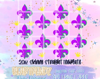 20oz Skinny Straight Fleur de lis Template con offset Svg, Cricut Cut Files, Beartrendz Svg, Tumbler Template, Mardi Gras svg
