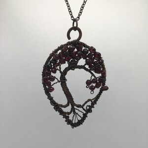 Tree of Life Necklace | Wire Wrapped | Pendant, Chain and Clasp | Handmade | Bronze-Plated Wire | Tumbled Deep Red Crystal Chips |