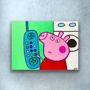 Peppa Pig Silbato Colgar Teléfono Arte Pintura Acrílico sobre Lienzo Decoración de Pared Arte de Dibujos Animados