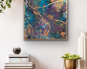 Abstract Fluid Art Painting, Acrylic Pour, Contemporary Geometric Resin Piece, Abalone Shell, Gold Leaf On Stretched Canvas 24x24
