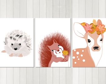 Fotos vivero, conjunto de 3 animales del bosque, niñas, animales, erizo, ciervo, ardilla, cuarto de guardería, habitación del bebé, regalo de Navidad