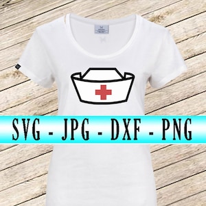 May include: White t-shirt with a black and white nurse's cap graphic. The cap has a red cross in the center. The text "SVG - JPG - DXF - PNG" is printed below the graphic.