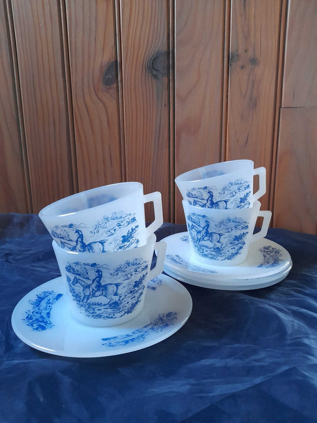 Lot De 3 Tasses Vintage Rivanel France En Opaline - Décor Toile De Jouy Et Rose, Occasion