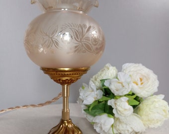 ZOHRA - Upcycled table lamp with golden bronze base, retro chic frosted amber tulip globe.