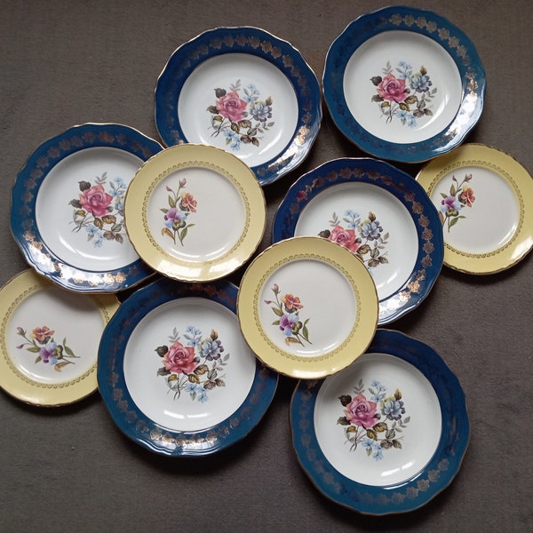 6 assiettes creuses bleu nuit et 4 assiettes à dessert jaunes motif floral chic 1950 moulin des Loups