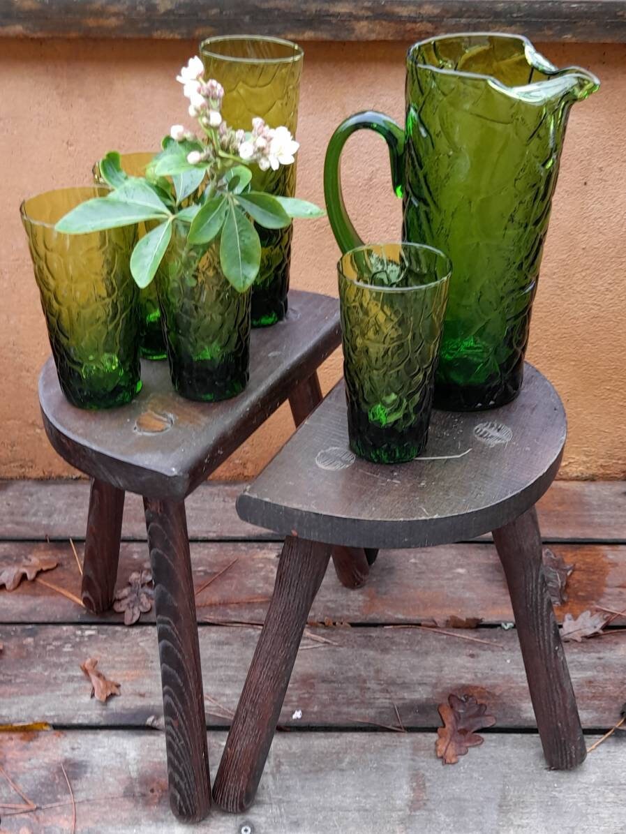 Service à Orangeade Vert Foncé en Verre Soufflé Texturé, Martelé, Annees 60/70