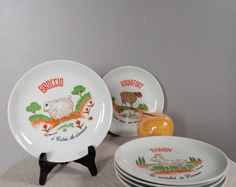 FRANCE - 6 cheese plates, humorous colorful patterns, l'hirondelle porcelain, circa 1980