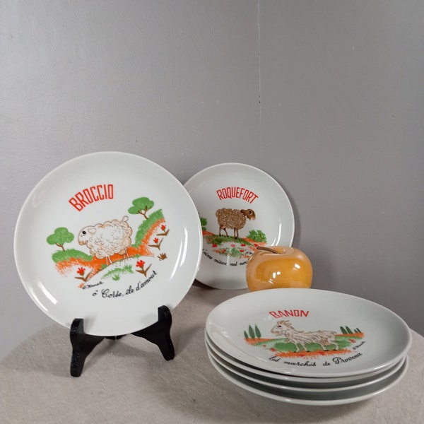 FRANCE - 6 assiettes à fromage, motifs colorés humoristiques, porcelaine l'hirondelle, vers 1980