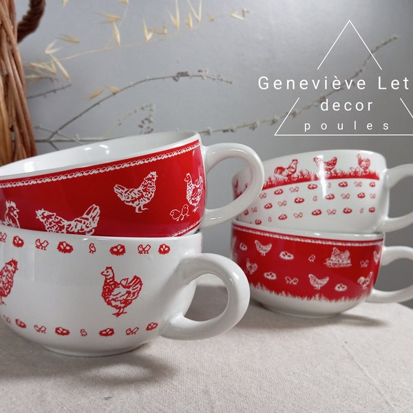 Ensemble de 4 grandes tasses déjeuner rouge/blanc décor poules, par Geneviève Lethu,