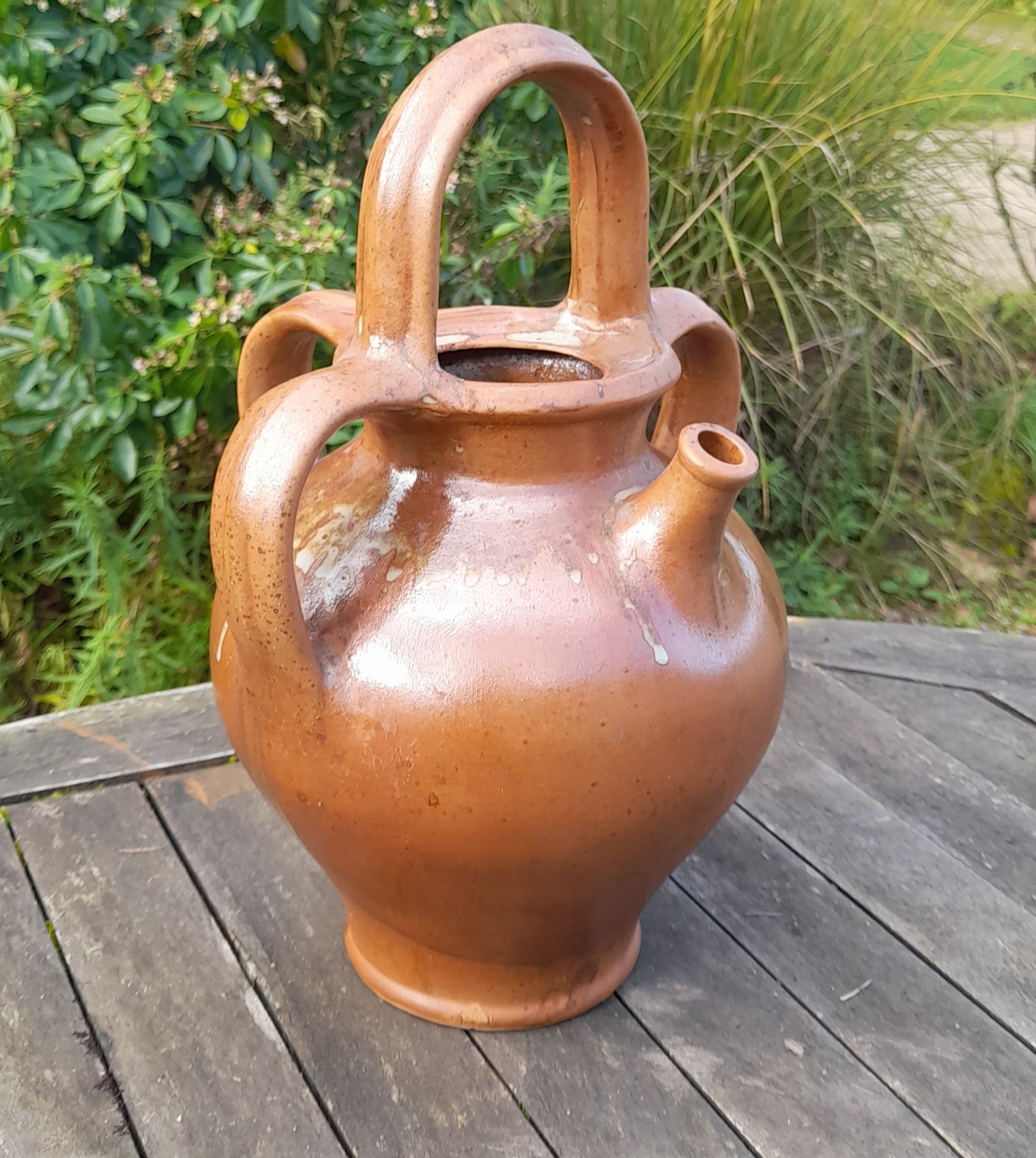 Ancienne Cruche/Gargoulette à 4 Anses, en Grès Vernissé, Brut et Authentique, Vers Début Xxème