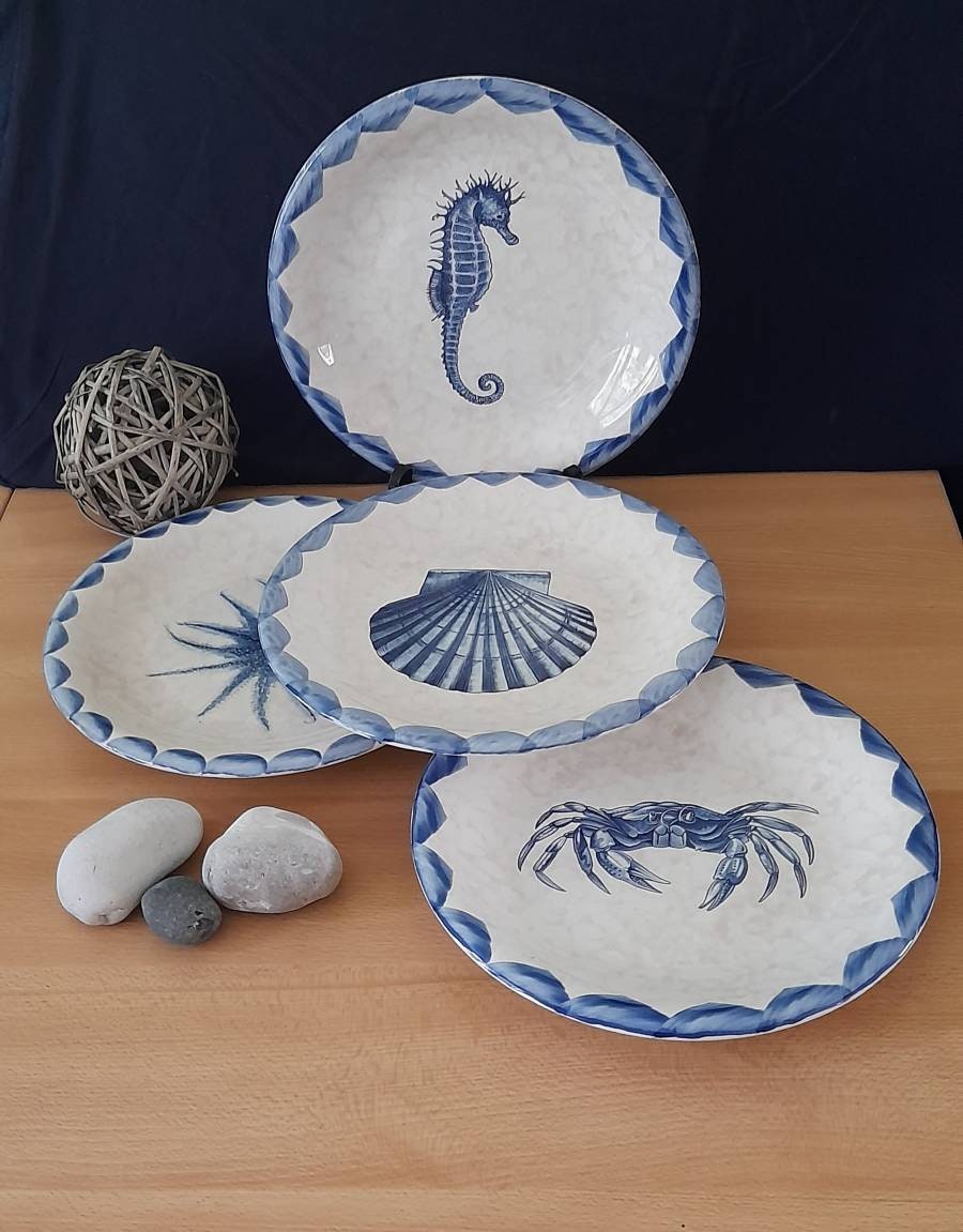 Lot de 4 Assiettes Plates, Deco Aquatique Bord Mer Chic, Vintage 80's