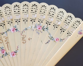 Vintage 1920's Pierced Celluloid Hand Fan with Hand Painted Garlands of Pink Roses