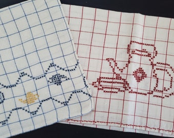 Vintage 1940's Tea Towels with Cross Stitch Teapot Designs on Homespun Linen in Red and Blue Check--Set of Two