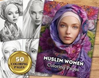 Libro da colorare di donne musulmane: 50 ritratti in scala di grigi con hijab (PDF stampabile)