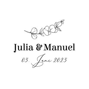 May include: A black and white illustration of a floral branch with the text "Julia & Manuel" and "03. Juni 2023" below.