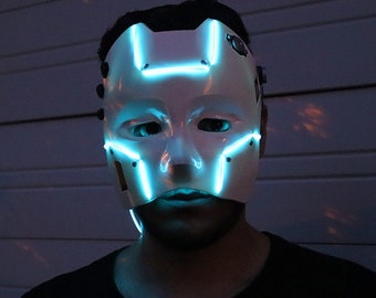 Cyborg Android Neon LED Halloween Robot Glowing El Wire Mask - Techwear DJ Futuristic Humanoid Mask