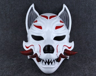 Kitsune Fox Anime Mask With Fangs - Glossy White