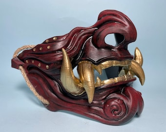 伝統的な日本の木製お面 Antique Japanese Wood Mask - Vintage Hand Carved and Painted