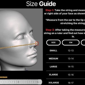 Pode incluir: Um guia de tamanhos para m&aacute;scaras faciais, mostrando um diagrama de como medir o seu rosto com um fio e uma r&eacute;gua. O guia inclui medidas em cent&iacute;metros e polegadas para diferentes tamanhos: pequeno, m&eacute;dio, grande, extra grande e extra extra grande.