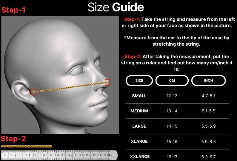 Pode incluir: Um guia de tamanhos para m&aacute;scaras faciais, mostrando um diagrama de como medir o seu rosto com um fio e uma r&eacute;gua. O guia inclui medidas em cent&iacute;metros e polegadas para diferentes tamanhos: pequeno, m&eacute;dio, grande, extra grande e extra extra grande.