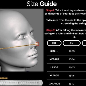 May include: A size guide for face masks, showing a diagram of how to measure your face with a string and a ruler. The guide includes measurements in centimetres and inches for different sizes: small, medium, large, x-large, and xx-large.