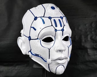 Cyborg Humanoid Android Mask - Matte White/Blue Stripes