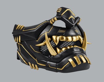Oni Cyber Samurai Cosplay Mask - Matte Black/Gold Stripes