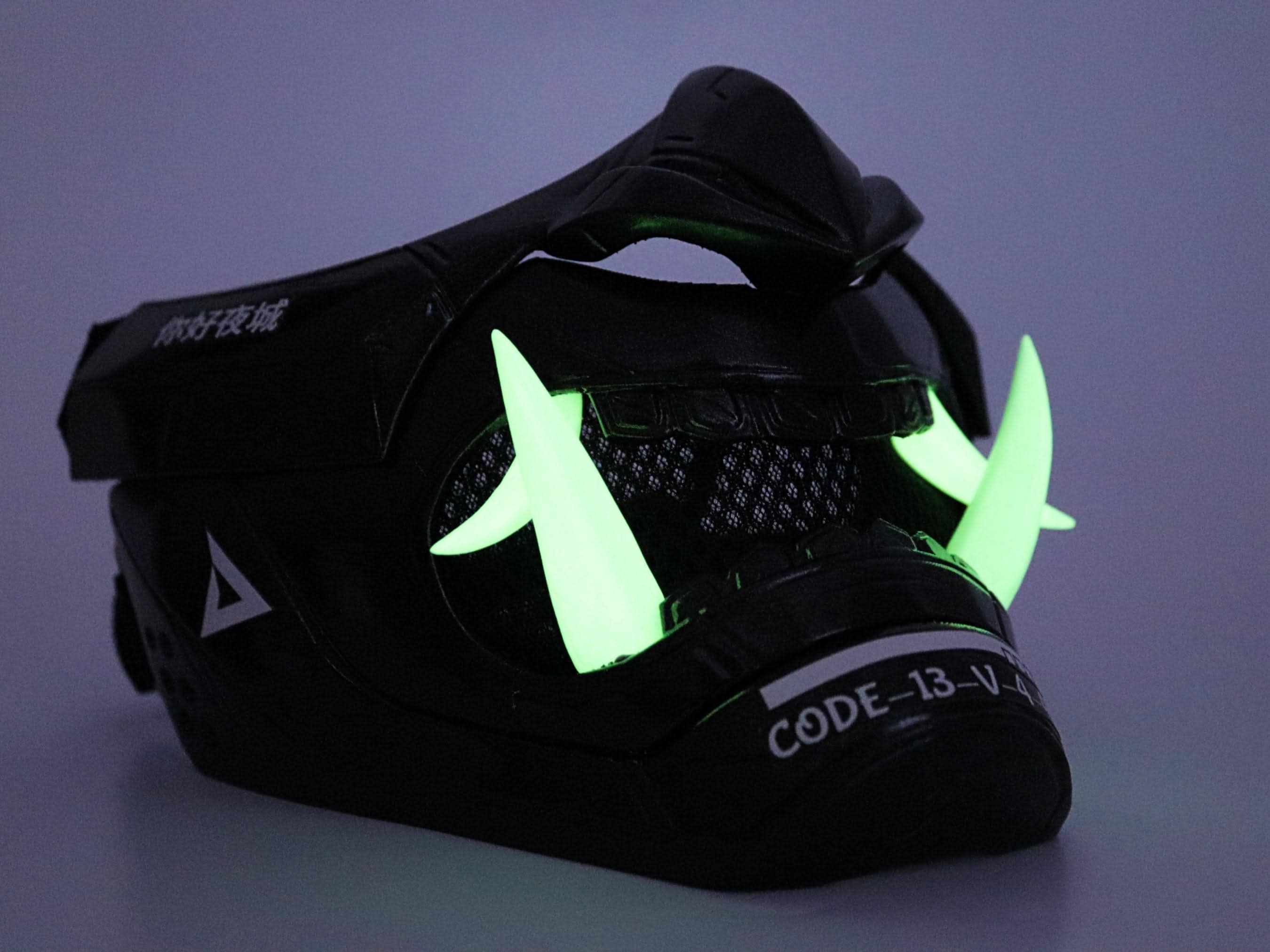 Oni Cyber Samurai Techwear Mask - Metallic Black - Night Glow Fangs