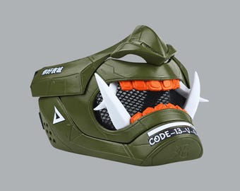 Oni Cyber Samurai Cosplay Mask - Olive Green / Shock Orange