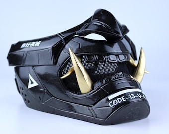 Oni Cyber Samurai Cosplay Mask - Metallic Black