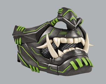 Oni Cyber Samurai Cosplay Mask - Graphit / Infra Green / Bone