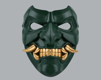 Kabuto Samurai Mask With Fangs - Deep Forest / Gold