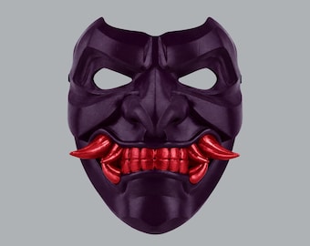 Kabuto Samurai Mask With Fangs - Black Purple / Red