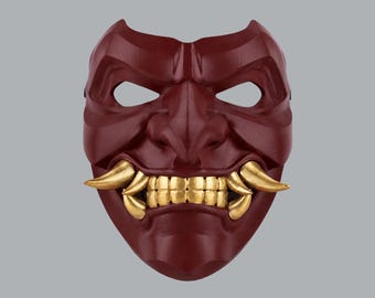 Kabuto Samurai Mask With Fangs - Maroon / Gold
