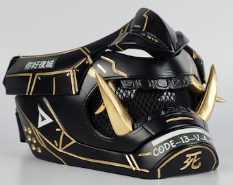 Oni Cyber Samurai Cosplay Mask - Matte Black/Gold Stripes