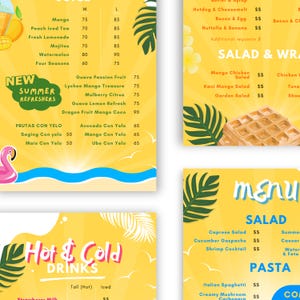 Modèle de carte de menu d'été - Menu modifiable de nourriture et de boissons, flyer de restaurant tropical, menu de café imprimable, modèle de menu de bar de plage