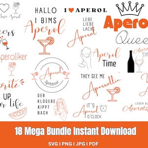 May include: A set of 18 digital designs featuring various illustrations and text related to Aperol, a popular Italian liqueur. The designs include phrases like "Peace Love Aperol", "Aperol Queen", "Aperol Time", and "They See Me Aperol Rollin".
