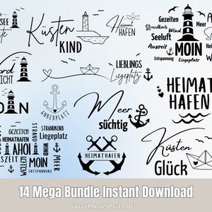Könnte beinhalten: Eine Sammlung von maritimen digitalen Designs in Schwarz, mit Leuchttürmen, Ankern, Papierbooten und verschiedenen deutschen Phrasen. Die Designs enthalten die Texte "Kusten Kind", "Heimat Hafen" und "Meer Suchtig". Die Wörter sind in verschiedenen Schriftarten.